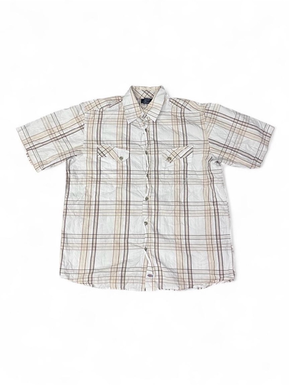 Dickies White and Brown Plaid Short-Sleeve Button-Down Shirt
